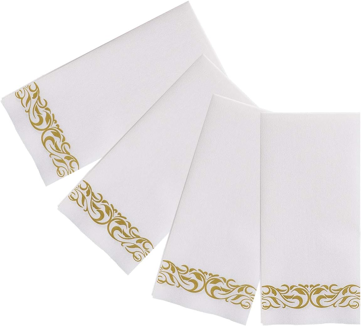 JOLLY CHEF 100 Disposable Hand Towels, Soft and Absorbent Linen Feel Dinner Napkin, Elegant Decorative Paper Guest Towels for Kitchen, Bathroom,Thanksgiving, Weddings,Parties, Gold and White