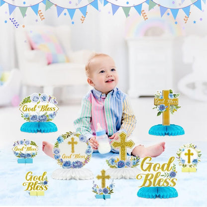 ANGOLIO White Gold Floral Honeycomb Centerpieces - 12Pcs Cross Rose Greenery God Bless Baptism Party Decoration Baby Shower First Communion Birthday Party Supplies for Boy Girl 3D Wedding Table Topper