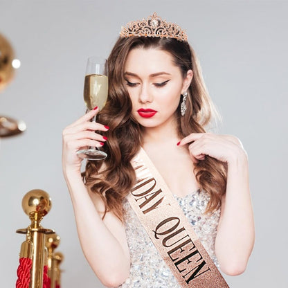 COCIDE Birthday Queen Sash & Rhinestone Tiara Set Gold Happy Birthday Crowns for Women Party Decoration Kit Rhinestone Headband for Women Glitter Crystal Hair Accessories for Cake Topper