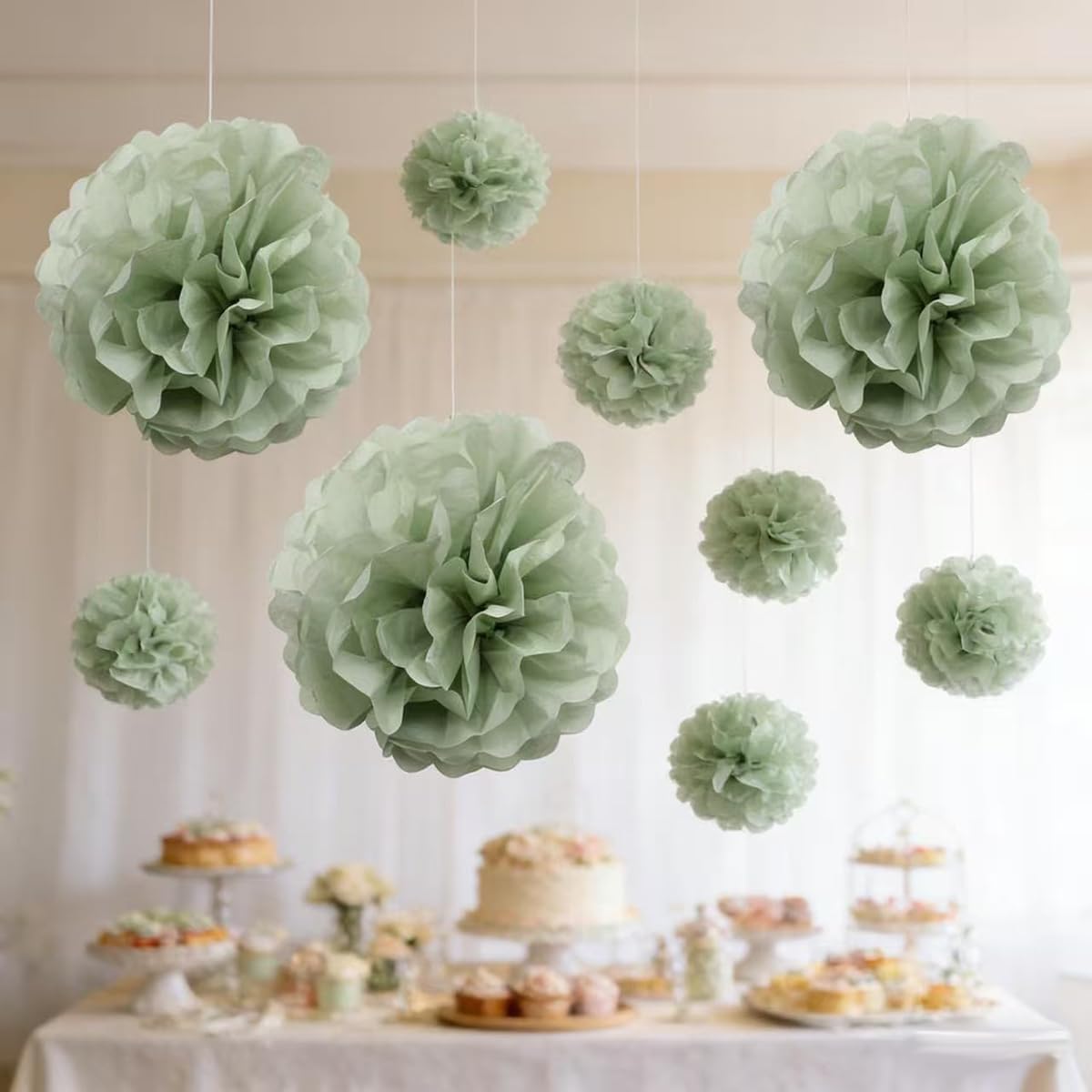 9-Pack Sage Green Tissue Paper Flower Pom Poms Decorations - 12" 10" Sage Hanging Paper Party Decor for Bridal Shower, Baby Shower, Birthday, Wedding, Nursery Room, Backdrop Supplies