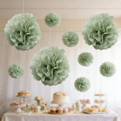 9-Pack Sage Green Tissue Paper Flower Pom Poms Decorations - 12" 10" Sage Hanging Paper Party Decor for Bridal Shower, Baby Shower, Birthday, Wedding, Nursery Room, Backdrop Supplies