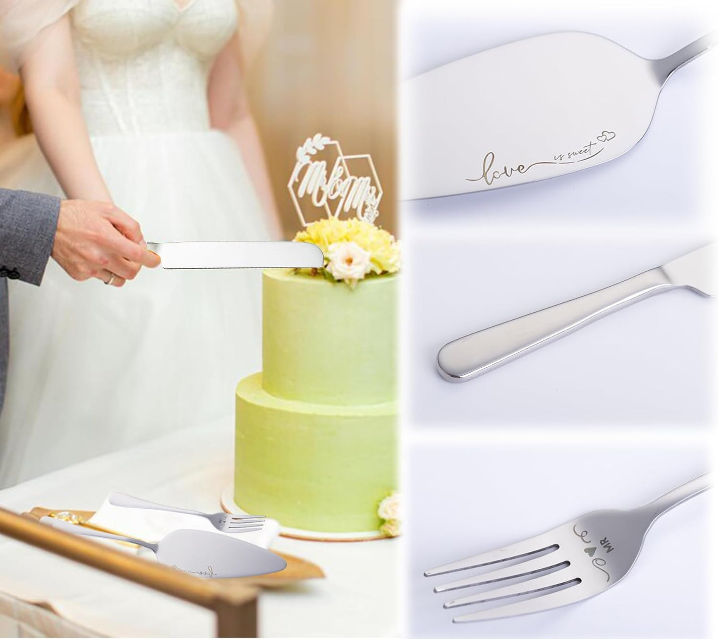 Wedding Cake Knife and Server Set with Forks, Engraved Cake Cutting Set for Wedding Anniversary Christmas Engagement（Gold