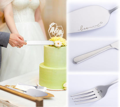 Wedding Cake Knife and Server Set with Forks, Engraved Cake Cutting Set for Wedding Anniversary Christmas Engagement（Gold