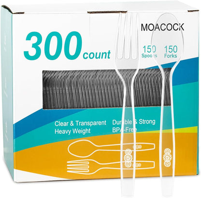 MOACOCK 100 Count Plastic Silverware, Heavy Weight Plastic Forks Spoons Disposable Utensils Cutlery Set for Wedding Party Supplies Everyday Use