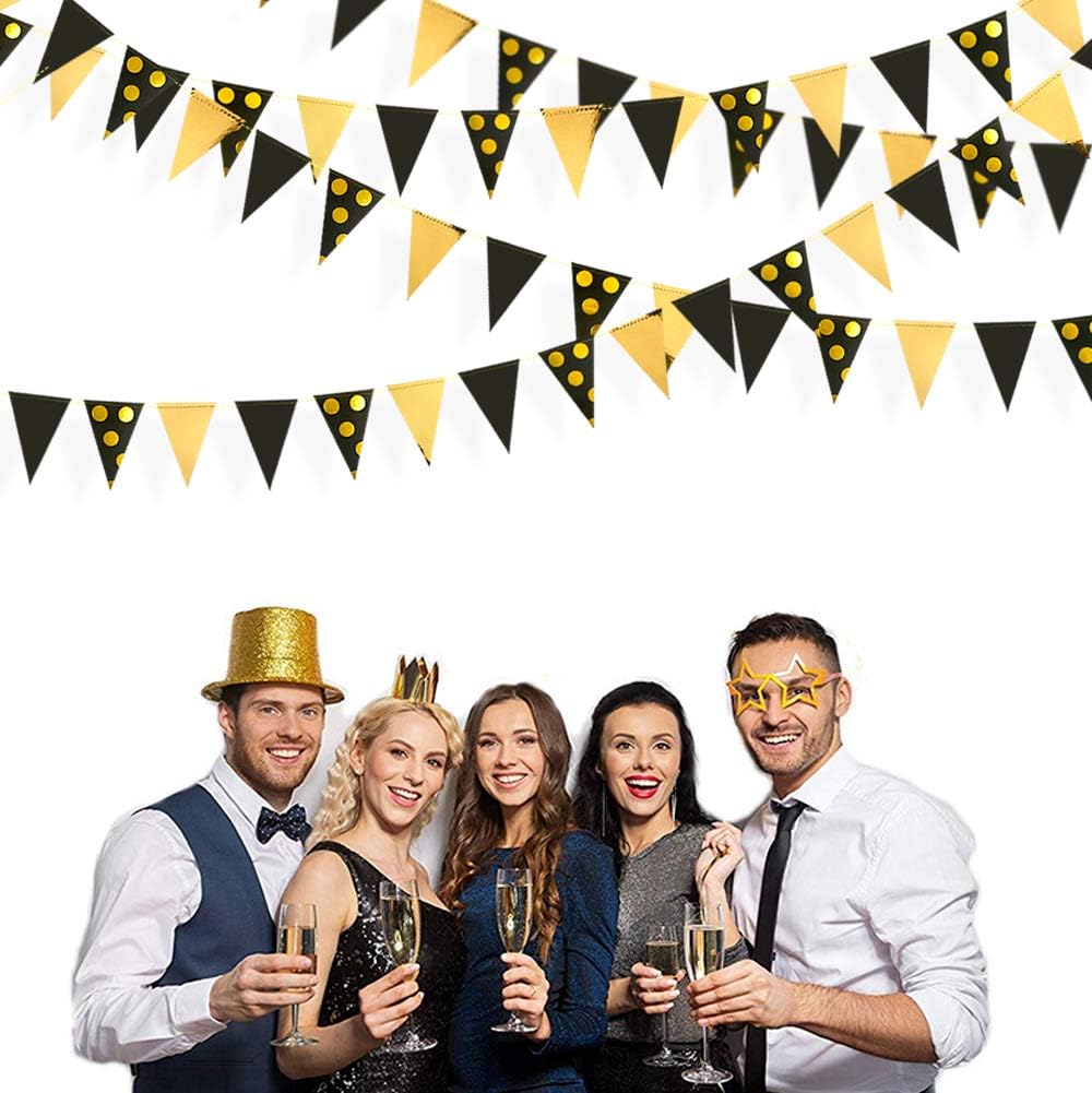 30Ft Navy Blue Gold and Beige Party Decorations Royal Blue Gold Triangle Flag Pennant Banner Bunting for Graduation Birthday Wedding Bridal Shower Nautical Ahoy Achor Theme Party Decorations Supplies