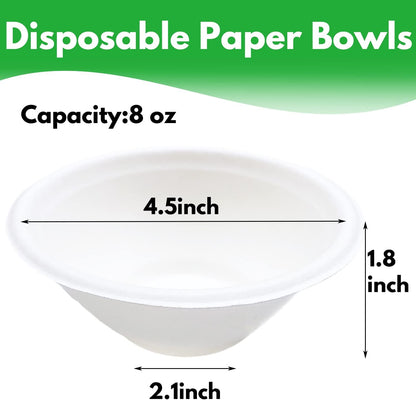 Haawooky 100 Pack White Disposable Paper Bowls, 8oz Natural Compostable, Eco-friendly Paper Biodegradable Bowls for Party, Salad, Dessert