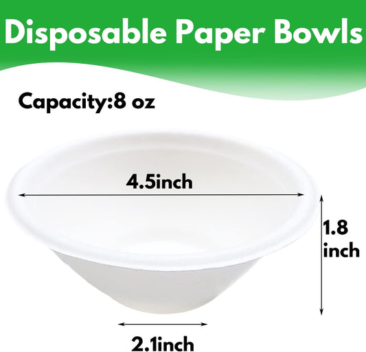 Haawooky 100 Pack White Disposable Paper Bowls, 8oz Natural Compostable, Eco-friendly Paper Biodegradable Bowls for Party, Salad, Dessert