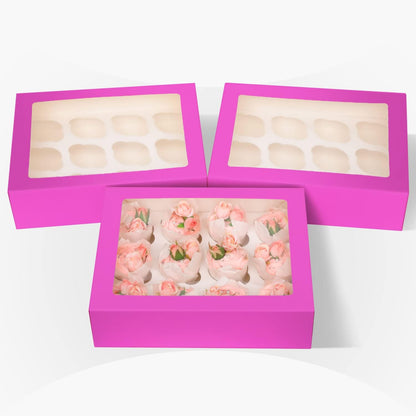 Bakepacker Auto-pop Up Cupcake Boxes with Window White 20PCS 12 Count Cupcake Box 13"x10"x3.5" Cupcakes Carrier, 12 Cupcake Containers with rolls of pink ribbons
