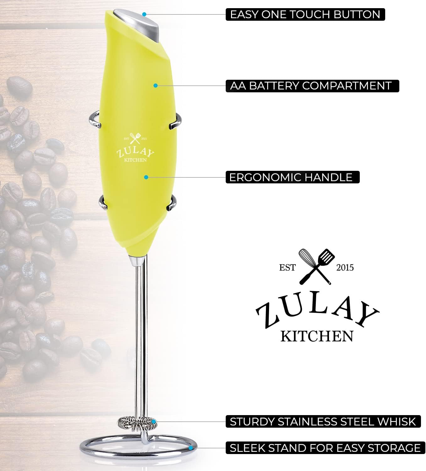 Zulay Kitchen Powerful Milk Frother AA Batteries Included – Ultra Fast Handheld Drink Mixer with Stainless Steel Whisk Stirrer for Coffee, Protein, Matcha & More, Frother Wand Electric Frothmate Black - Colors E