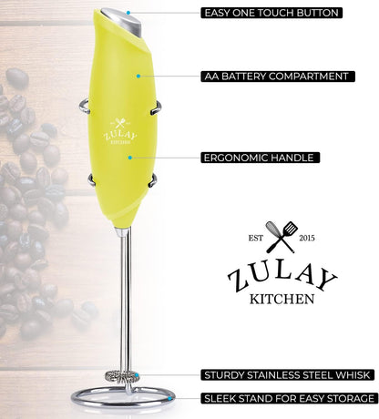 Zulay Kitchen Powerful Milk Frother AA Batteries Included – Ultra Fast Handheld Drink Mixer with Stainless Steel Whisk Stirrer for Coffee, Protein, Matcha & More, Frother Wand Electric Frothmate Black - Colors E