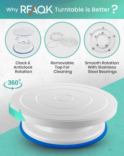 RFAQK 90PCs Cake Decorating Kit with Leveler, Baking Supplies Gift Includes Cake Stand Turntable, 24 Numbered Icing Tips, 55+1 Piping Bags, 2 Frosting Spatulas, 3 Scrappers, Video Course & Booklet
