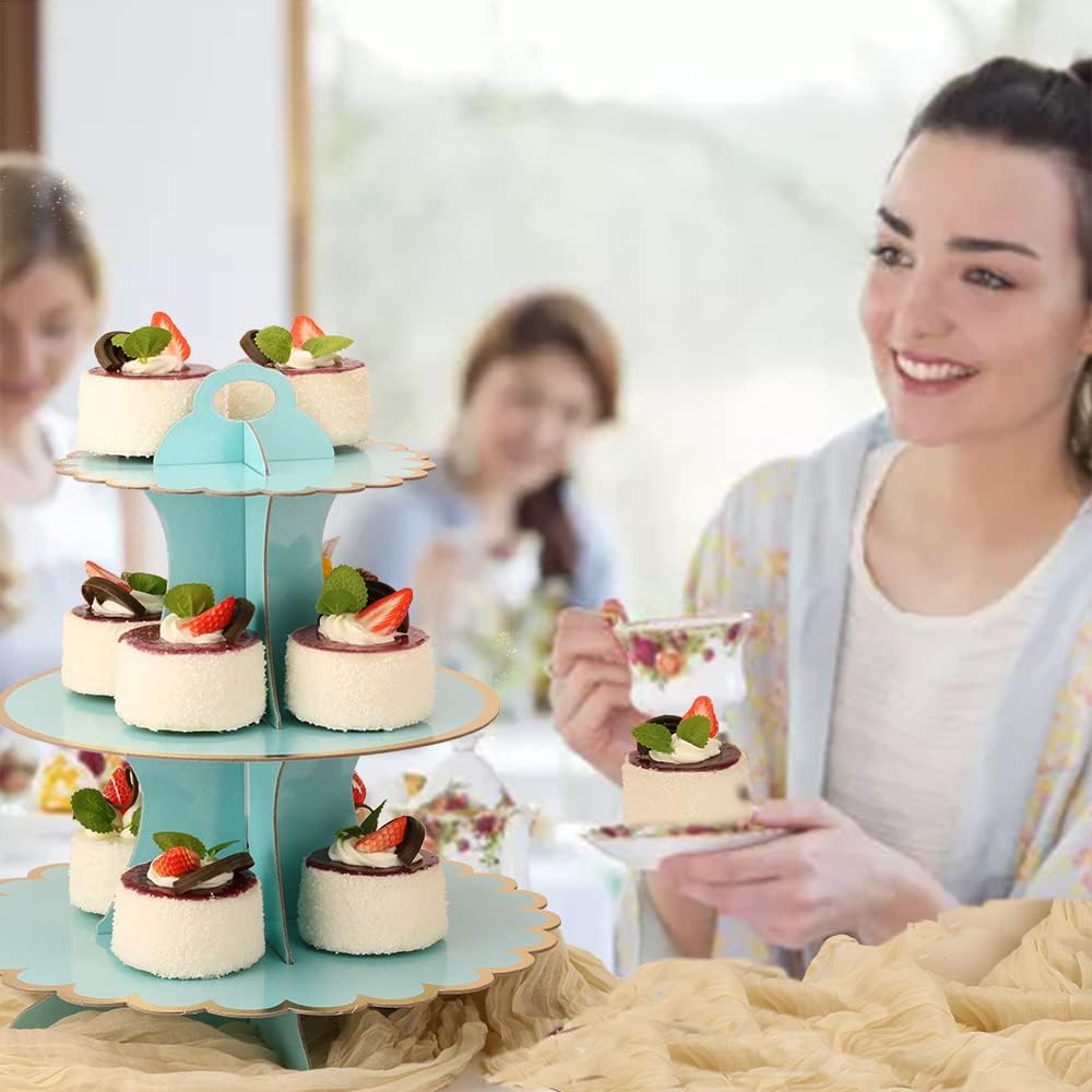 MRPAPA Pink Cardboard Cupcake Stand,2PCS Cup Cake Holder Thick Paper Dessert Tray, 3-Tier Round Serving Tray Perfect for Baby Girls Pink and Gold Birthday Baby Shower Party Supplies