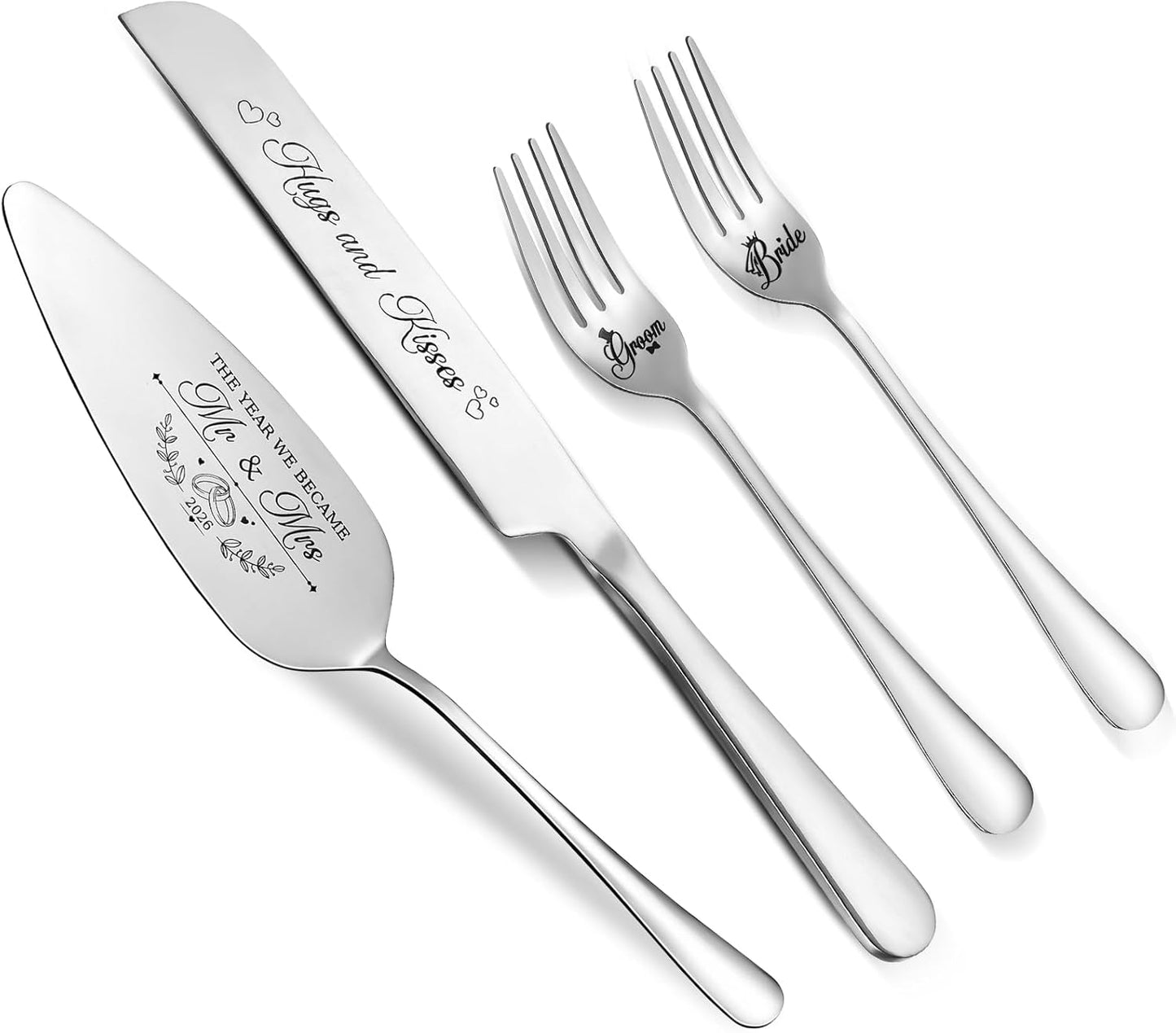 Wedding Cake Knife and Server Set - 4 Piece Stainless Steel Cake Cutting Set for Wedding, Cake Cutting Knife, Slicer and Forks Server for Engagement, Anniversary, Birthday
