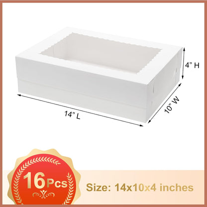 Mcfleet 16pcs 14x10x4 Rectangle Cake Boxes with Window - Quarter Sheet Bakery Boxes for Donuts, Cookies, Cupcakes, Pastry Baking Pie Treat Packaging White Large