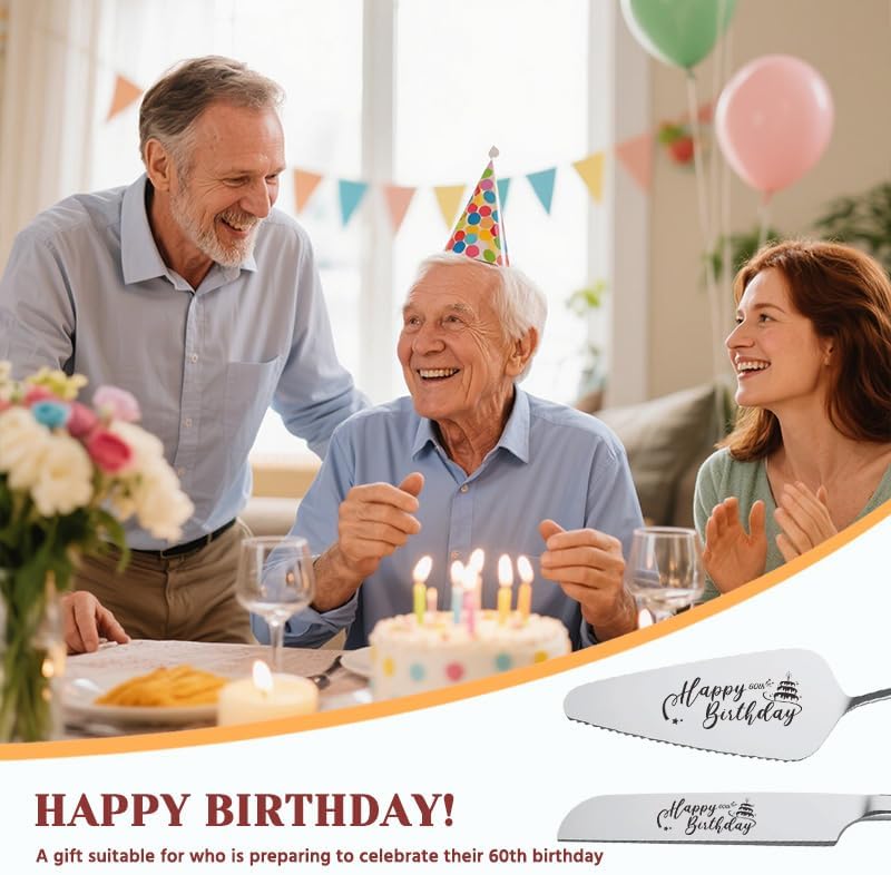 Cake Knife and Server Set for Birthday Party 60 Year Old Birthday Gift for Dad Mom Engraved Knives Servers Grandma Grandpa 60th Bday Gifts for Men Women 60 Yrs Old Bday Presents for Aunt Uncle