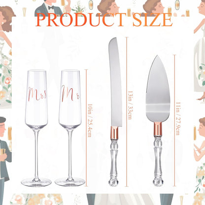 Boao 4 Pieces Wedding Toasting Flutes and Cake Server Set Wedding Reception Supplies Champagne Glasses Cake Knife Pie Server (Gold,Classic)