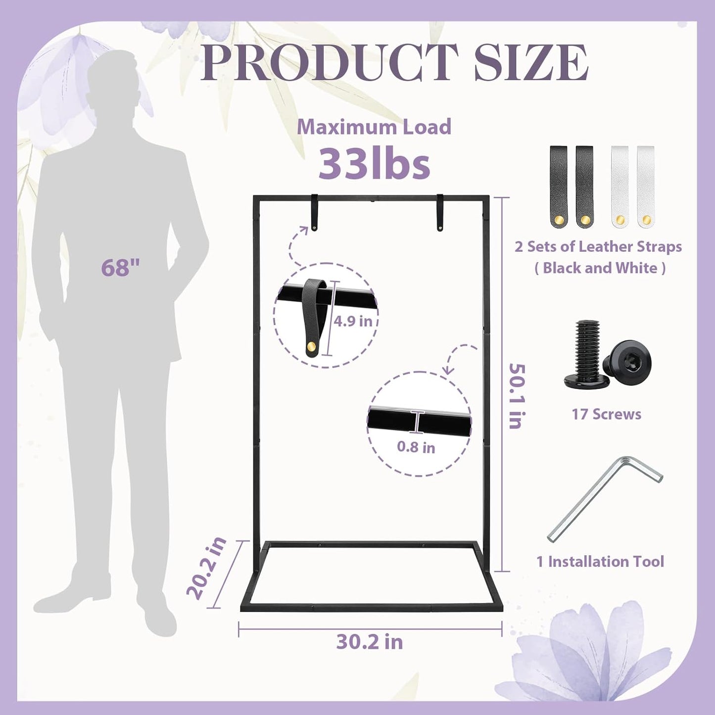 AZEAM Wedding Welcome Sign Stand with 4 Leather Straps for Hanging, 50"x30"x20" Metal Black Wedding Easel Stand for Welcome Sign, Seating Chart Holder for Outside Baby Shower Party Restaurant Poster
