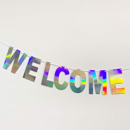Pre-Strung Holographic Welcome Banner Decorations Sign, Iridescent Hanging Bunting String Flag Garland for Welcome Baby Shower, Deployment Homecoming, Family Reunion, Military Homecoming Party
