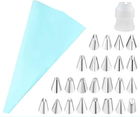 Pastry Bags and Tips Set, 24 Pcs Stainless Steel Piping Tips and 1 Pcs Thick EVA Piping Bag for Cake Baking and Cookie Icing Cupcakes (24)