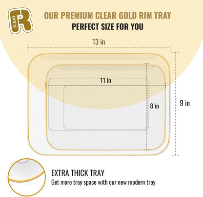 3 Pack Plastic Serving Trays for Party - Gold Serving Tray 8 x 11 Inch - Heavy Duty Dessert Trays for Food - Rectangular Party Serving Trays for Entertaining - Clear Cookie Platters