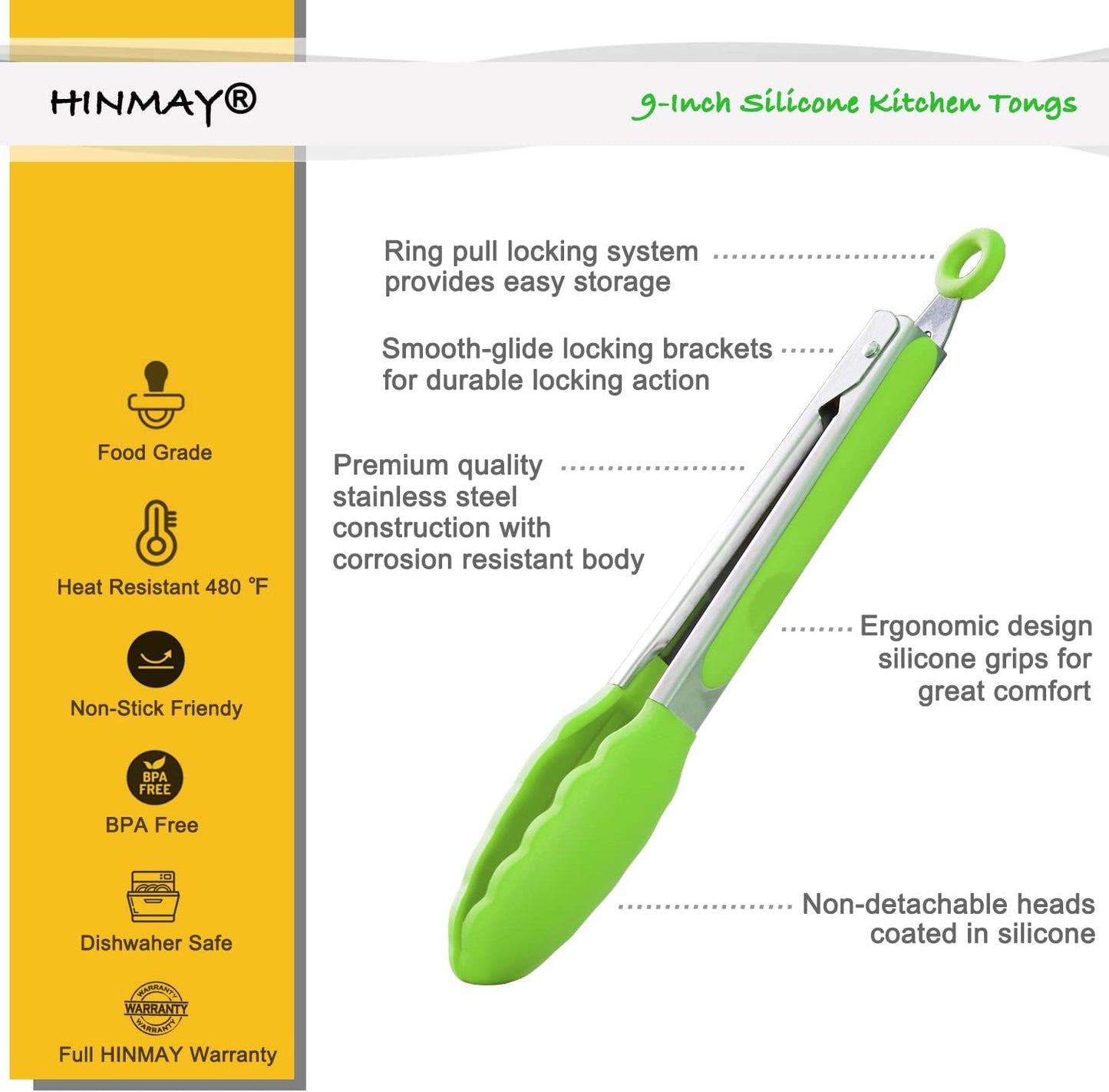 HINMAY Serving Tongs 9-Inch Cooking Tongs with Silicone Tips, Set of 3 (Black)