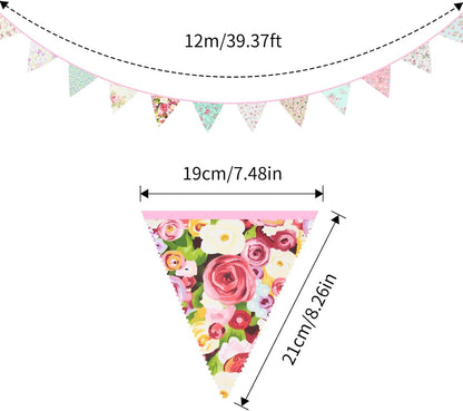 G2PLUS 39Ft Triangle Bunting Banner, 42Pcs Pink Floral Garland Pennant Banner, Reusable Cotton Triangle Flags Party Decoration for Birthday, Wedding, Garden Tea Party, Baby Shower, Room Decor