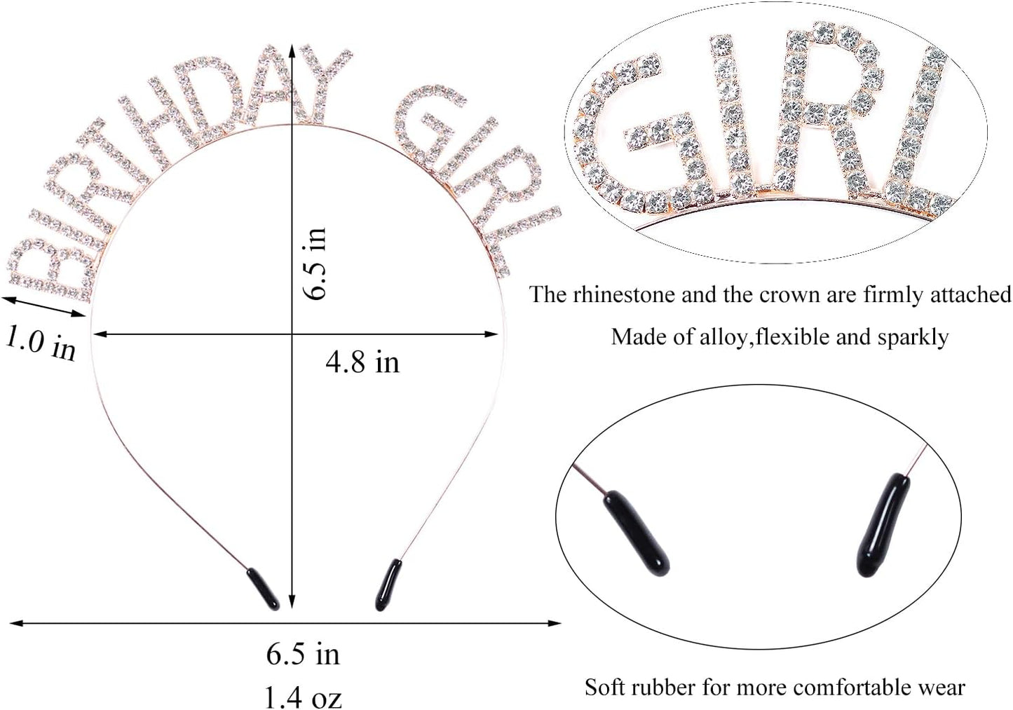 3 Pack Rose Gold Birthday Girl Sash and Rhinstone Headband Set for Women Glittery Cake Topper Happy Birthday Crown&Tiara Accessories Decorations Gifts for Kids.