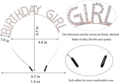 3 Pack Rose Gold Birthday Girl Sash and Rhinstone Headband Set for Women Glittery Cake Topper Happy Birthday Crown&Tiara Accessories Decorations Gifts for Kids.
