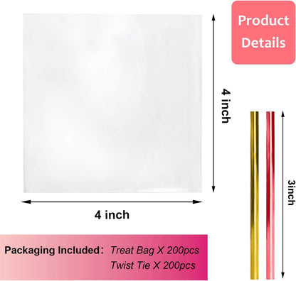 Cello Cellophane Treat Bags,5x7 Inches Clear Cellophane Bags 200 Pcs OPP Plastic Treat Bags with 200 Twist Ties for Gift Wrapping,Packaging Candies,Dessert,Bakery, Cookies, Chocolate,Party Favor