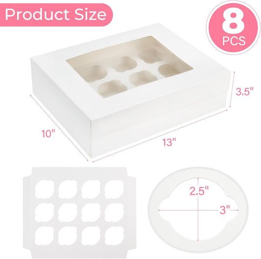 LotFancy 12 Count Cupcake Boxes, 8 Pack, Auto-Pop up Cupcake Containers with Window Holding 96 Cupcakes, Food Grade Cupcake Holders, Disposable Pastry Boxes for Birthday Holiday Party, White