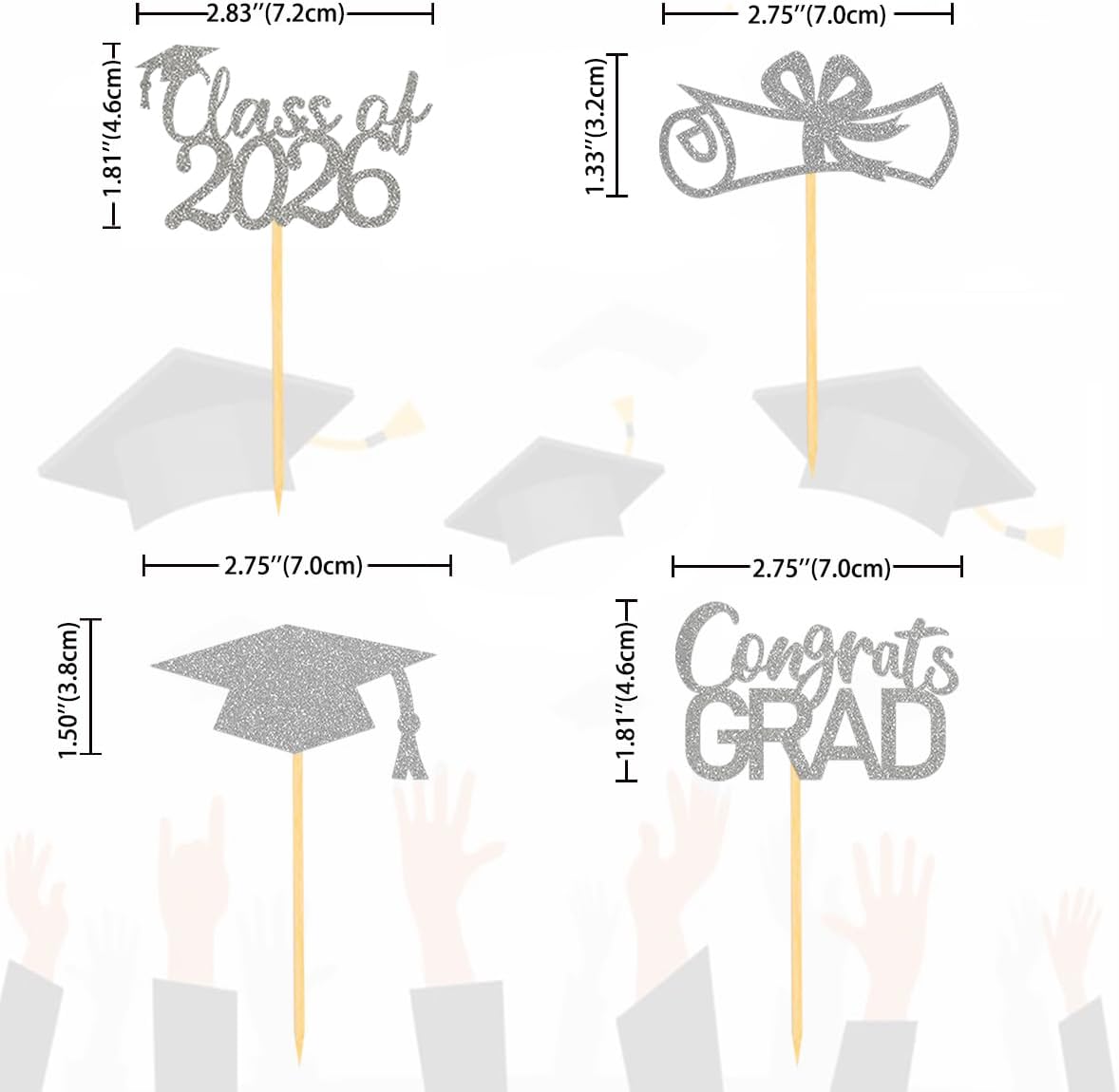 2026 Graduation Theme Cupcake Toppers Glitter Class of 2026 Graduation Cap Diploma Cupcake Picks - Set of 24 (Gold)