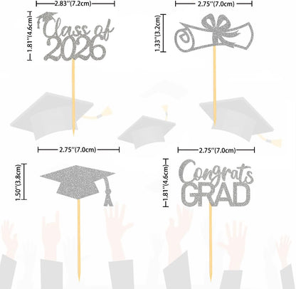 2026 Graduation Theme Cupcake Toppers Glitter Class of 2026 Graduation Cap Diploma Cupcake Picks - Set of 24 (Gold)