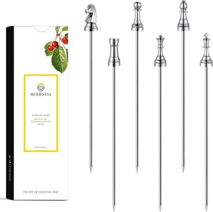 Homestia Stainless Steel Cocktail Picks, 4.7 Inch Reusable Martini Olive Picks, Metal Garnish Skewers for Drinks, Appetizers, Bloody Mary - Set of 6 Metal Cocktail Picks for Party Bar