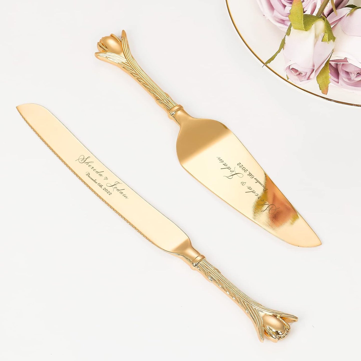 Cake Cutting Set for Wedding, Personalized Gold Cake Knife and Server Set, Custom Cake Serving Set, Engraved Pastry Pie Server Cake Pizza Cutter, Birthday Bridal Gift (F-Classic)
