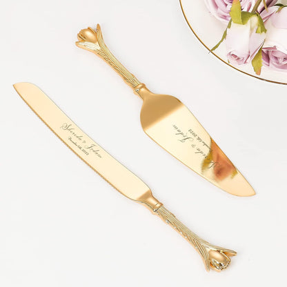 Cake Cutting Set for Wedding, Personalized Gold Cake Knife and Server Set, Custom Cake Serving Set, Engraved Pastry Pie Server Cake Pizza Cutter, Birthday Bridal Gift (F-Classic)