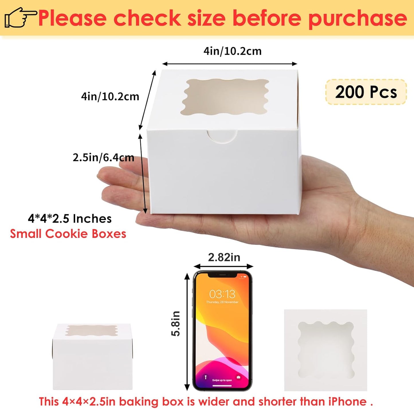 Moretoes 120pcs White Bakery Boxes, 4x4x2.5 Inch Cookie Boxes with Window for Small Cake, Treats, Donuts, Candy