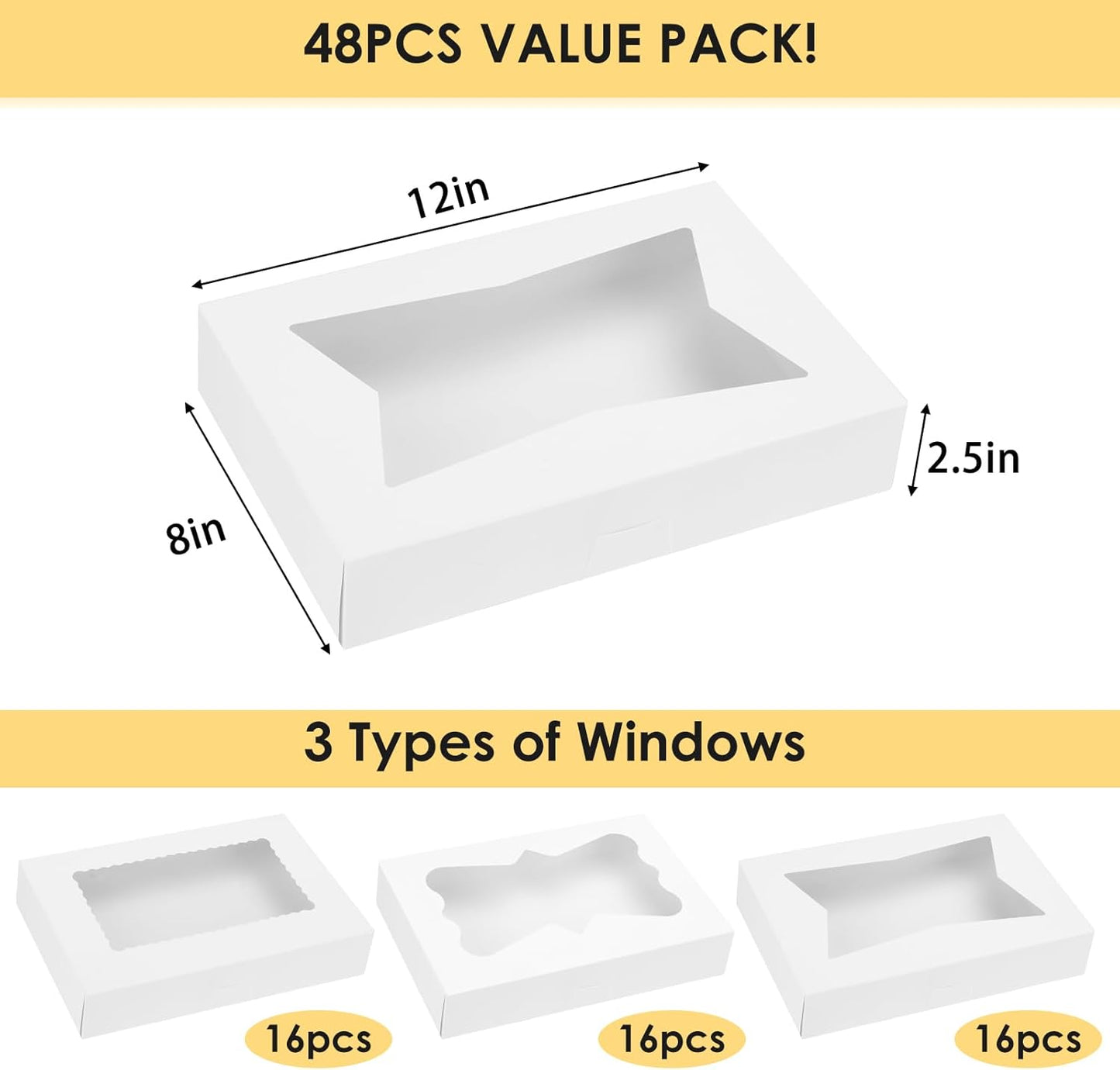Moretoes 48pcs Bakery Boxes,12x8x2.5 Inches Cookie Boxes with 3 Style Window for Chocolate Covered Strawberries, Desserts, Cookies, with 4pcs Stickers