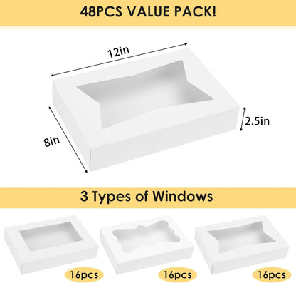 Moretoes 48pcs Bakery Boxes,12x8x2.5 Inches Cookie Boxes with 3 Style Window for Chocolate Covered Strawberries, Desserts, Cookies, with 4pcs Stickers