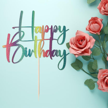 Happy Birthday Cake Topper,black Glitter Cake Pick Bunting Decor for Anniversary Birthday Party Cake Decorations Supplies
