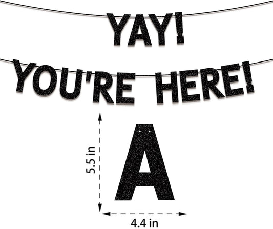 Welcome Back Decorations, Black Glitter Yay! You're Here! Banner,Welcome Back to School Sign, Family Reunion, Military Army Returning, Homecoming, Home Party Decorations Supplies