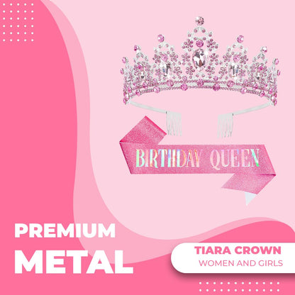 Birthday Tiara Crown with Sash for Women, Headband Hair Accessories for Wedding Party Costume