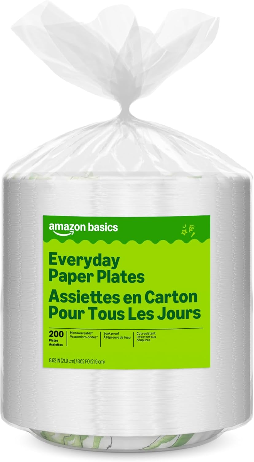 Amazon Basics Everyday Disposable Paper Plates, 8.62 Inch, Microwave-Safe, Cut Resistant, Soak-Proof, 100 Count, Packaging May Vary