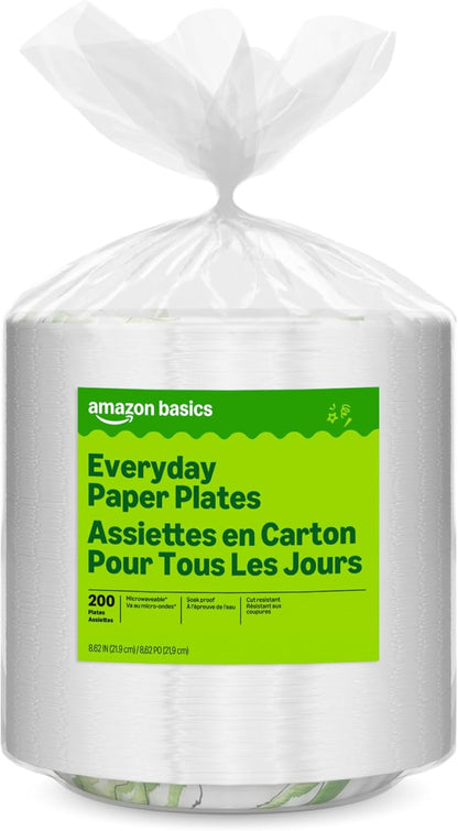 Amazon Basics Everyday Disposable Paper Plates, 8.62 Inch, Microwave-Safe, Cut Resistant, Soak-Proof, 100 Count, Packaging May Vary