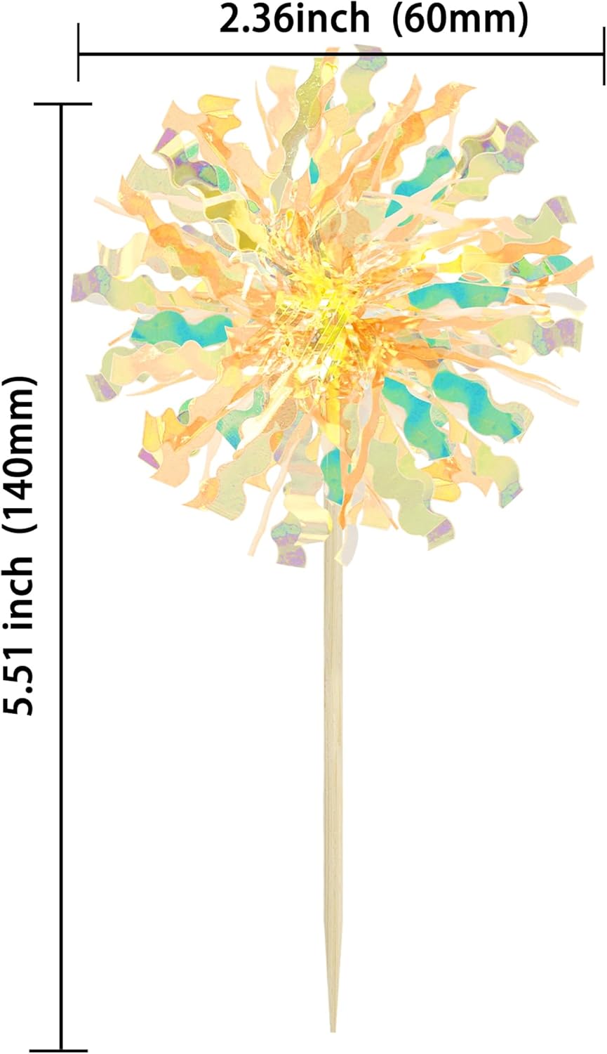Ephlyn 30Pcs Foil Firework Cupcake Toppers Sparkle Tinsel Cupcake Picks Drink Stirrers Cocktail Food Fruit Toothpicks for Baby Shower Graduation Party Supplies White