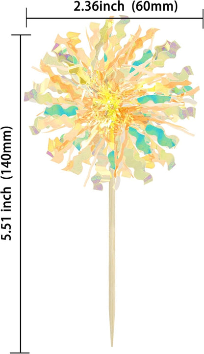 Ephlyn 30Pcs Foil Firework Cupcake Toppers Sparkle Tinsel Cupcake Picks Drink Stirrers Cocktail Food Fruit Toothpicks for Baby Shower Graduation Party Supplies White