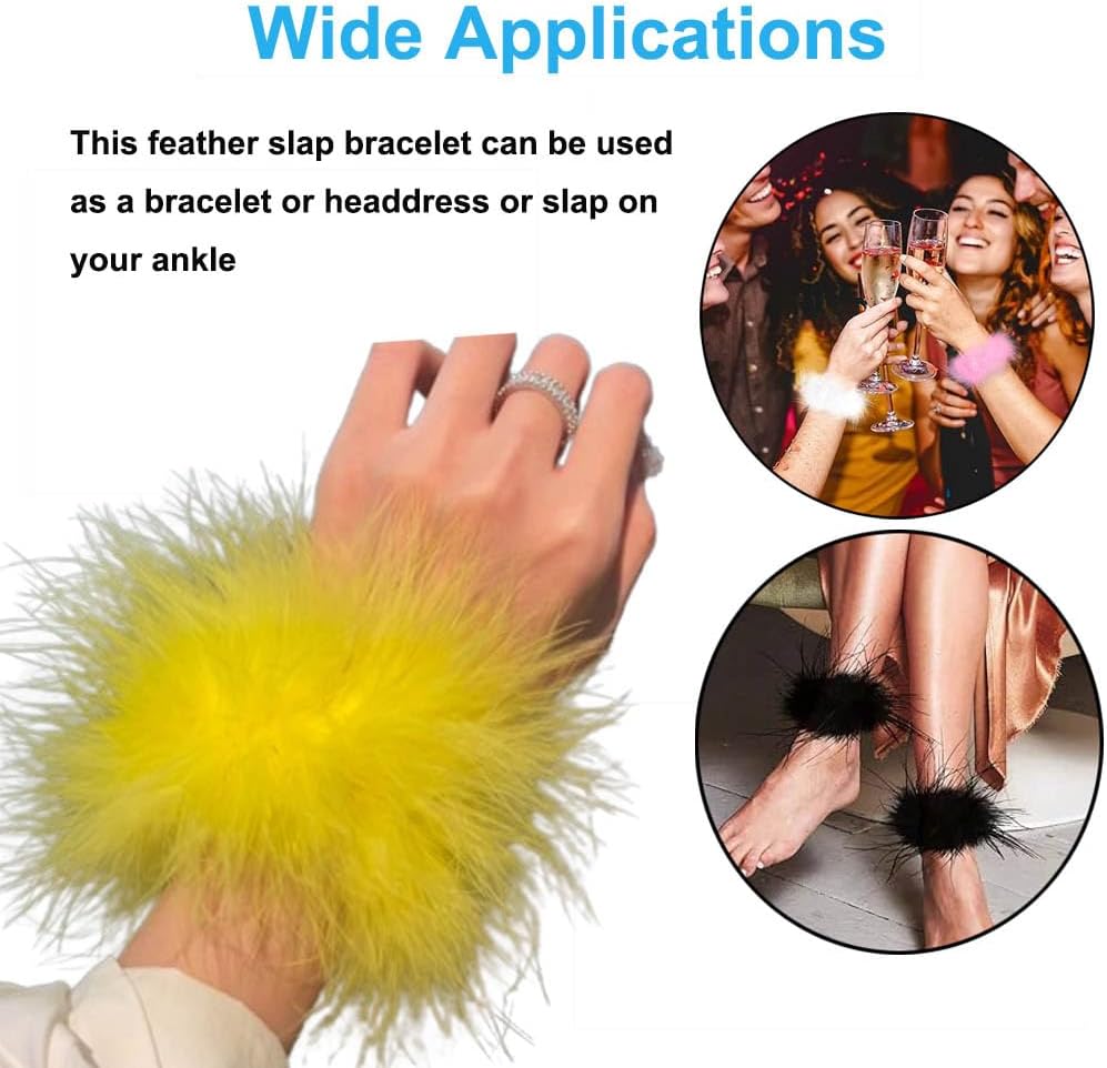 2Pcs Feather Wristbands, 9.65inch Soft Feather Wrist Slap Bracelet Cuffs, Snap Ring, Circle Slap Wrist Decoration Cuffs for Party Decoration