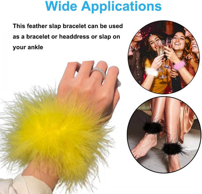 2Pcs Feather Wristbands, 9.65inch Soft Feather Wrist Slap Bracelet Cuffs, Snap Ring, Circle Slap Wrist Decoration Cuffs for Party Decoration