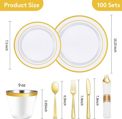 Goodluck 350 Piece Silver Plastic Dinnerware Set for 50 Guests, Fancy Disposable Plates for Party, Include: 50 Dinner Plates, 50 Dessert Plates, 50 Pre Rolled Napkins with Silver Silverware, 50 Cups