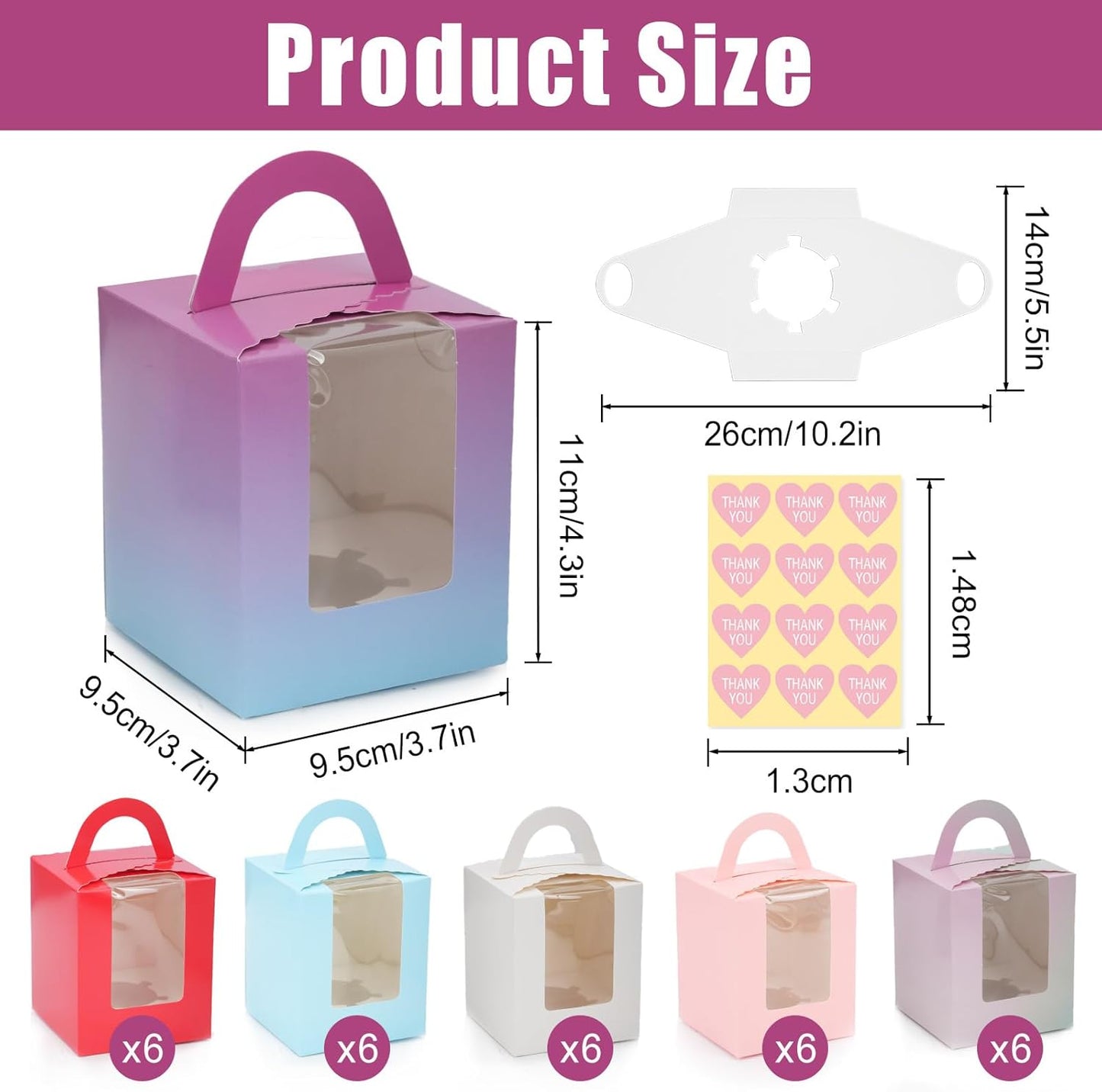 Zoyiancy 36PC Individual Cupcake Boxes, Single Cupcake Container with Window Insert and Handle, Colorful Cupcake Holders Portable Cupcake Carriers for Muffin, Dessert, Wedding, Birthday Party