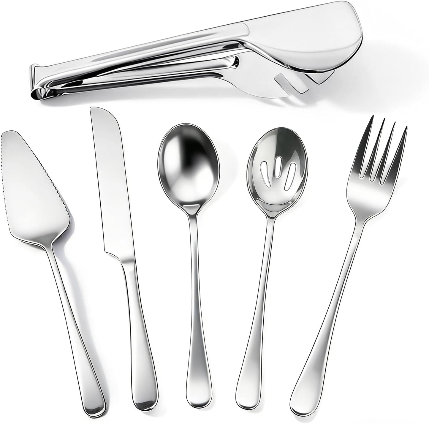 6 PCS Premium Stainless Steel Serving Utensils Set, Large Serving Spoons Slotted Spoons, Forks, Ice Tongs, Cake Server, Soup Ladle, Metal Flatware Set for Buffet Catering Banquet Home Party (Gold)